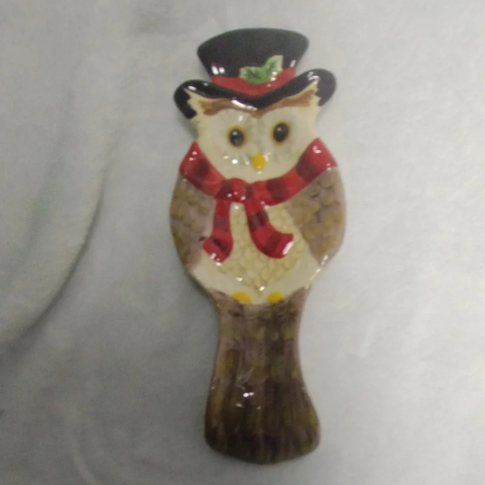 Cracker Barrel Owl‎ Spoon Rest Christmas Holiday Stoneware Top Hat Red Scarf